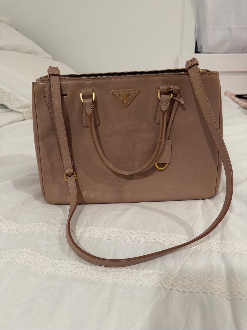 Prada Taupe Saffiano Satchel with Gold Hardware